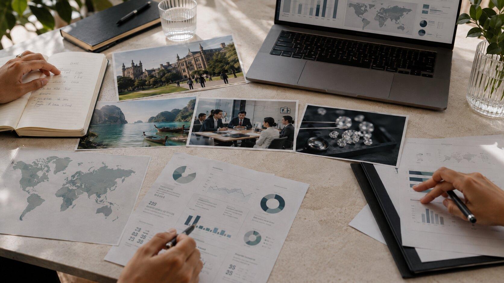 A market research workspace with analytics, travel images and handwritten notes